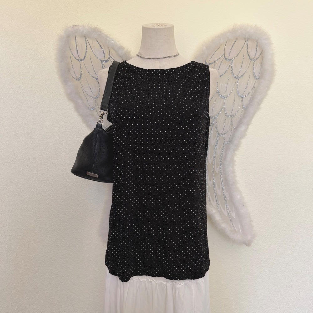 Y2K 90s Black Polka Dot Sleeveless Tank Top Slinky Stretchy Boat Neck XL‎ Cute